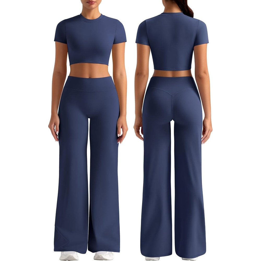 image:imageWomens Workout Sets 2 Piece Crop Short Sleeve Shirt High Waist Straight Wide Leg Yoga Pants Matching Gym Summer OutfitBlue