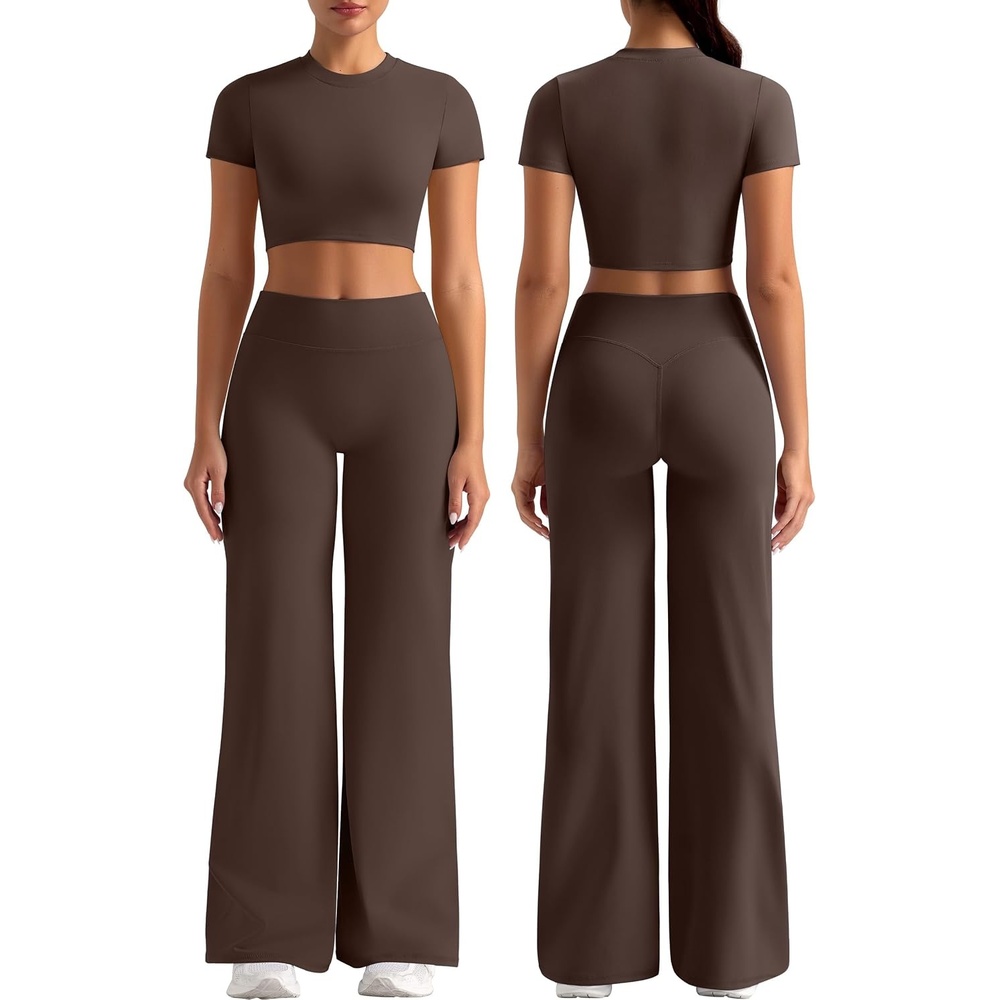 image:imageWomens Workout Sets 2 Piece Crop Short Sleeve Shirt High Waist Straight Wide Leg Yoga Pants Matching Gym Summer OutfitBrown