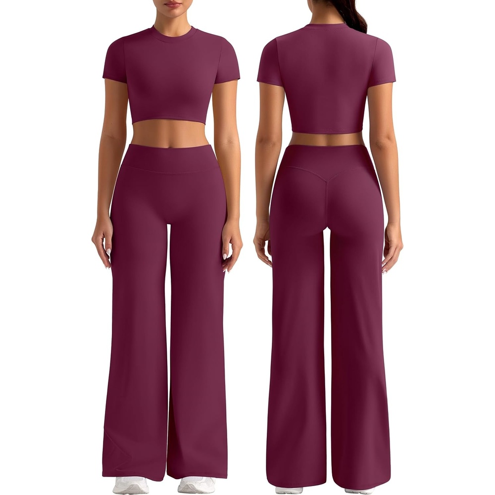 image:imageWomens Workout Sets 2 Piece Crop Short Sleeve Shirt High Waist Straight Wide Leg Yoga Pants Matching Gym Summer OutfitPurple