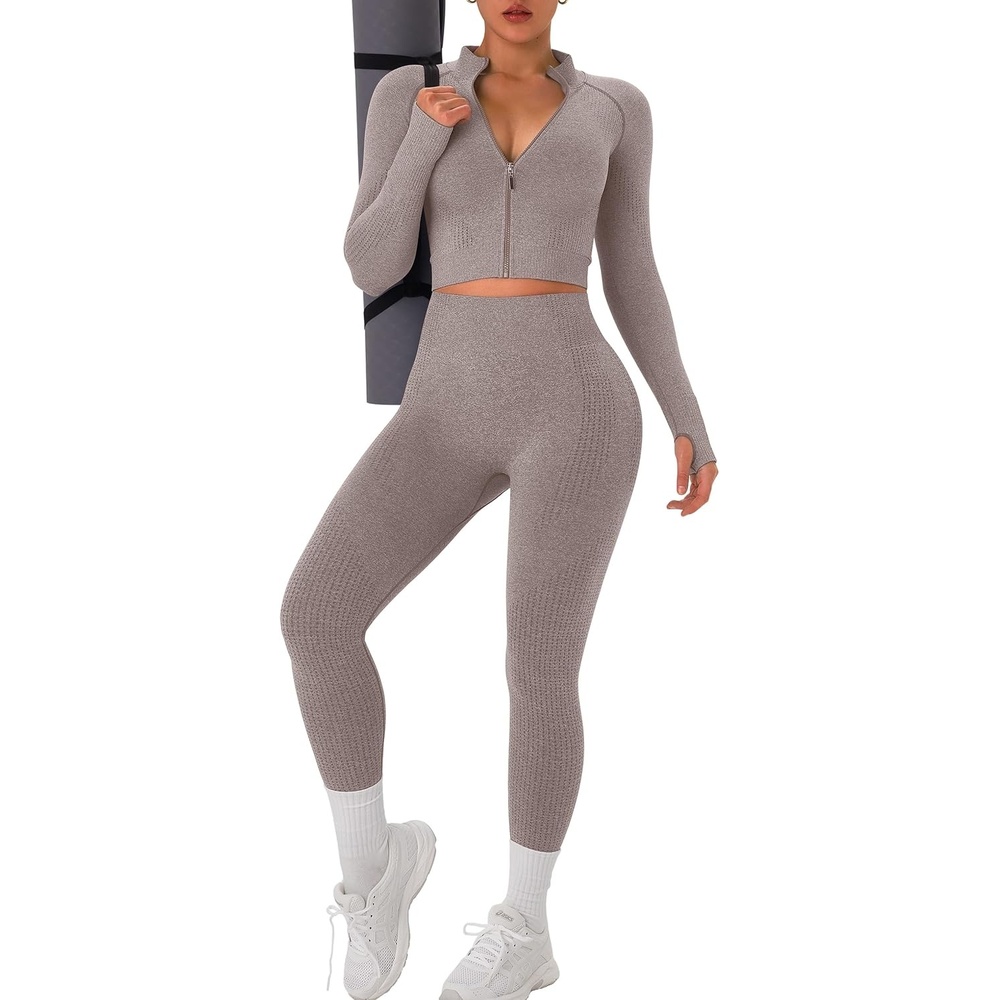 image:imageWomens Workout Sets 2 Piece Seamless Yoga Outfits Long Sleeve Zipper Jacket High Waist Leggings Butt Lifting Gym SetCream