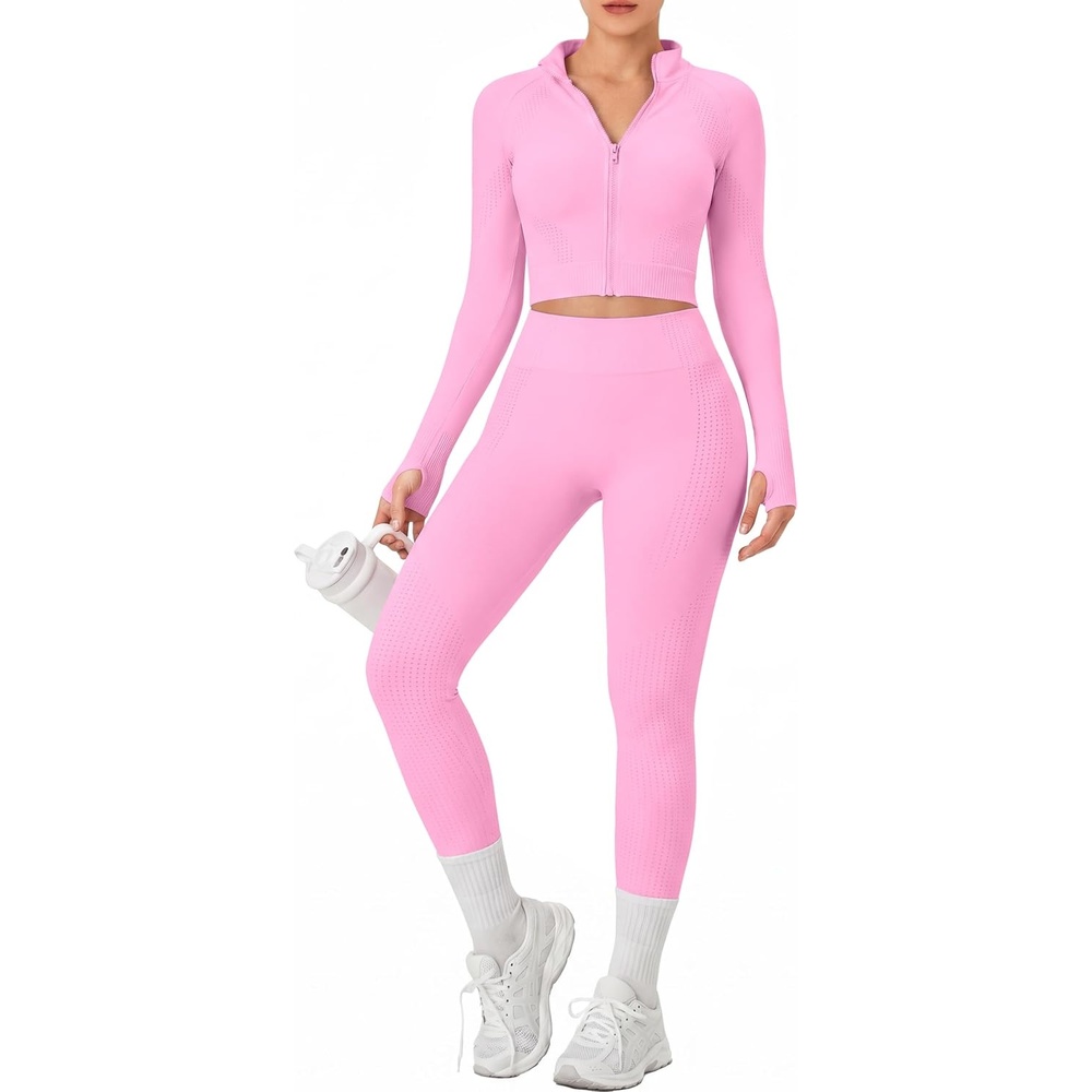 image:imageWomens Workout Sets 2 Piece Seamless Yoga Outfits Long Sleeve Zipper Jacket High Waist Leggings Butt Lifting Gym SetLight Pink