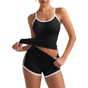 Womens Workout Sets 2 Piece Contrast Trim Cami Tank Top Mini Gym Shorts Adjustable Strap Yoga Casual Lounge Outfit(Black)