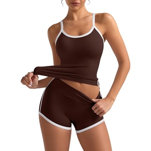 Womens Workout Sets 2 Piece Contrast Trim Cami Tank Top Mini Gym Shorts Adjustable Strap Yoga Casual Lounge Outfit(Brown)