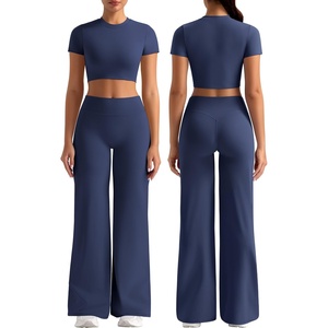 Womens Workout Sets 2 Piece Crop Short Sleeve Shirt High Waist Straight Wide Leg Yoga Pants Matching Gym Summer Outfit(Blue)