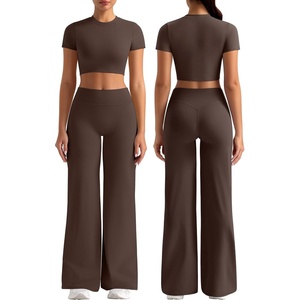 Womens Workout Sets 2 Piece Crop Short Sleeve Shirt High Waist Straight Wide Leg Yoga Pants Matching Gym Summer Outfit(Brown)