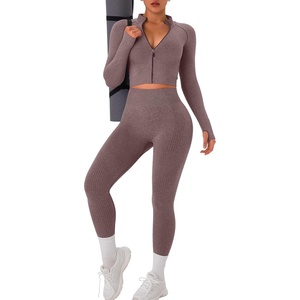 Womens Workout Sets 2 Piece Seamless Yoga Outfits Long Sleeve Zipper Jacket High Waist Leggings Butt Lifting Gym Set(Brown)