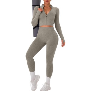 Womens Workout Sets 2 Piece Seamless Yoga Outfits Long Sleeve Zipper Jacket High Waist Leggings Butt Lifting Gym Set(Oliver)