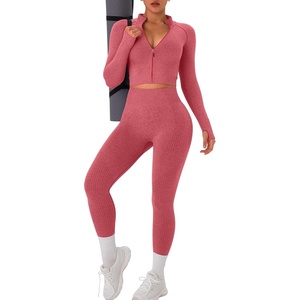 Womens Workout Sets 2 Piece Seamless Yoga Outfits Long Sleeve Zipper Jacket High Waist Leggings Butt Lifting Gym Set(Red)