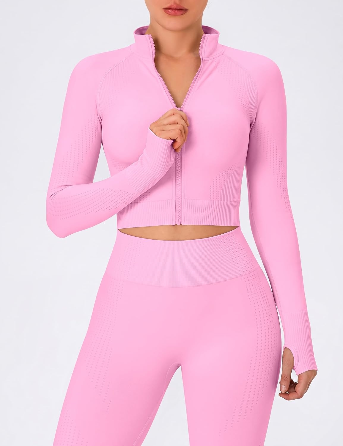 image:imageOLCHEE Womens Workout Sets 2 Piece Seamless Yoga Outfits Long Sleeve Zipper Jacket High Waist Leggings Butt Lifting Gym SetLight Pink