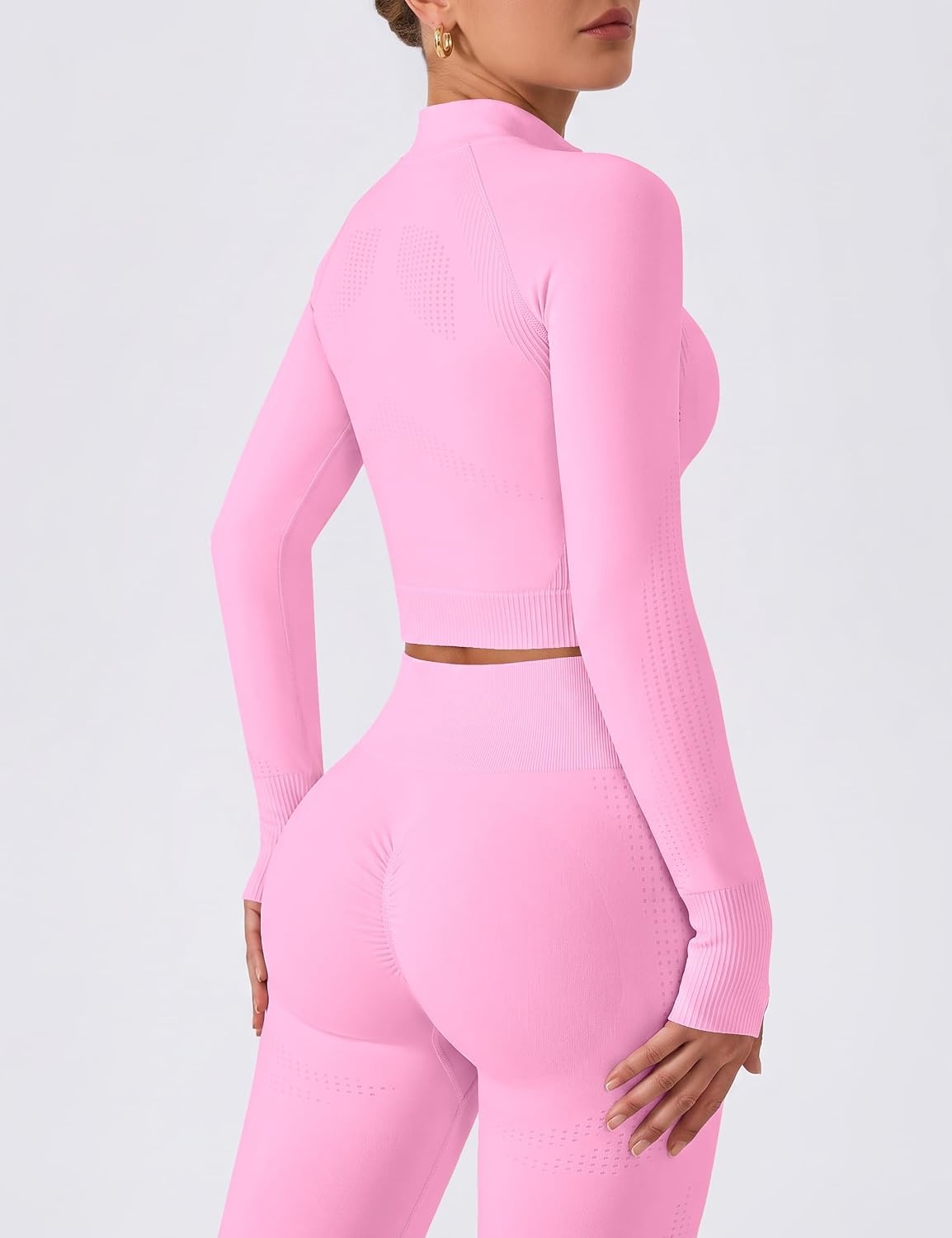 image:imageOLCHEE Womens Workout Sets 2 Piece Seamless Yoga Outfits Long Sleeve Zipper Jacket High Waist Leggings Butt Lifting Gym SetLight Pink