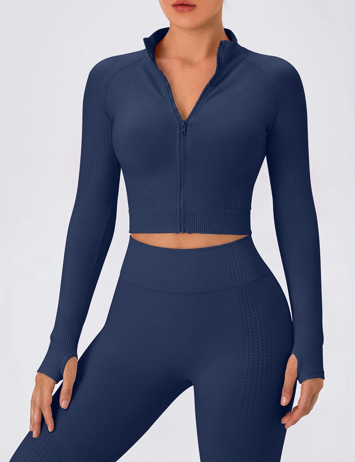 image:imageOLCHEE Womens Workout Sets 2 Piece Seamless Yoga Outfits Long Sleeve Zipper Jacket High Waist Leggings Butt Lifting Gym SetNavy