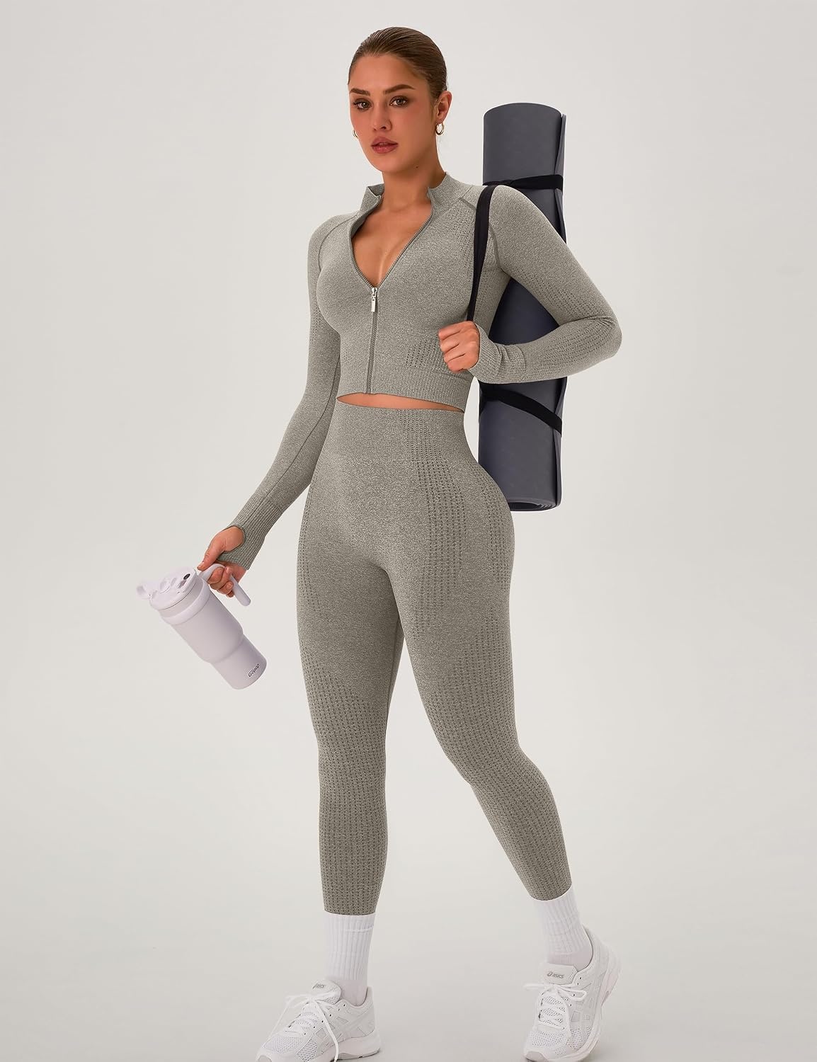 image:imageOLCHEE Womens Workout Sets 2 Piece Seamless Yoga Outfits Long Sleeve Zipper Jacket High Waist Leggings Butt Lifting Gym SetOliver