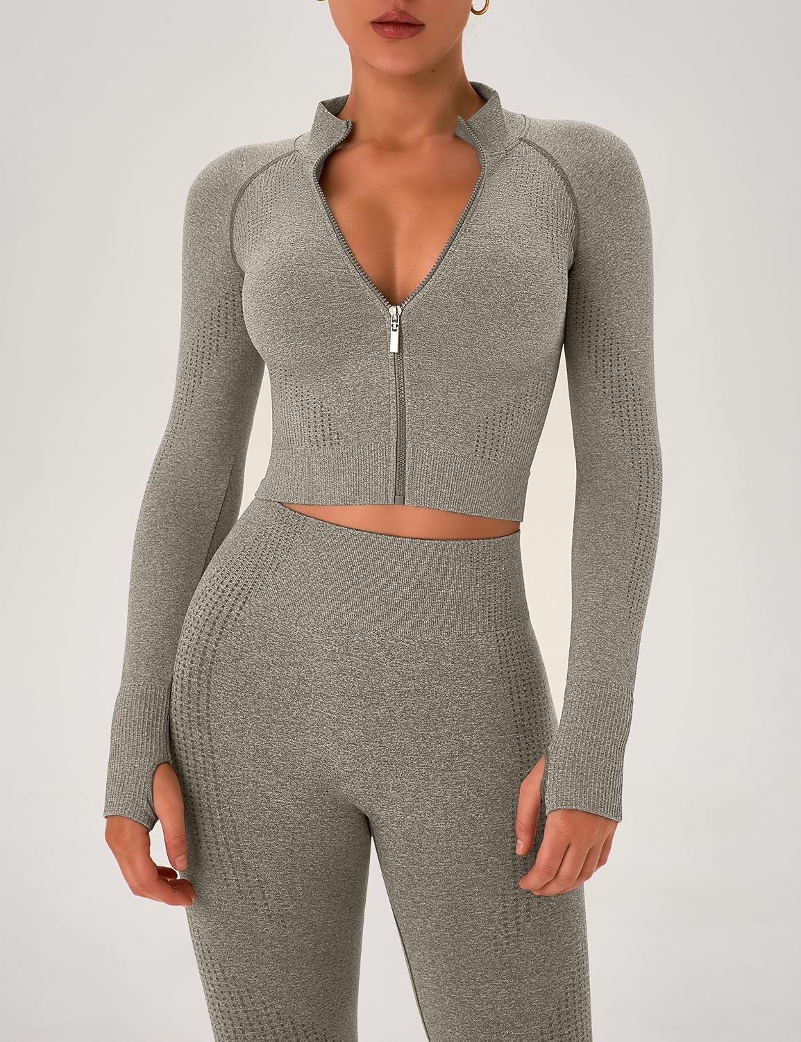 image:imageOLCHEE Womens Workout Sets 2 Piece Seamless Yoga Outfits Long Sleeve Zipper Jacket High Waist Leggings Butt Lifting Gym SetOliver