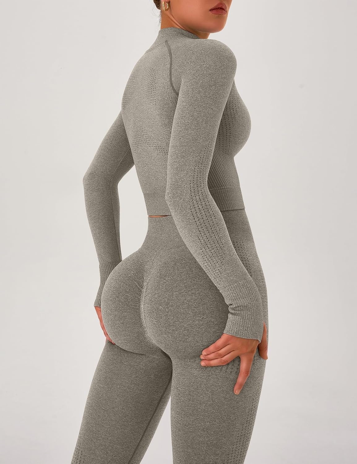 image:imageOLCHEE Womens Workout Sets 2 Piece Seamless Yoga Outfits Long Sleeve Zipper Jacket High Waist Leggings Butt Lifting Gym SetOliver