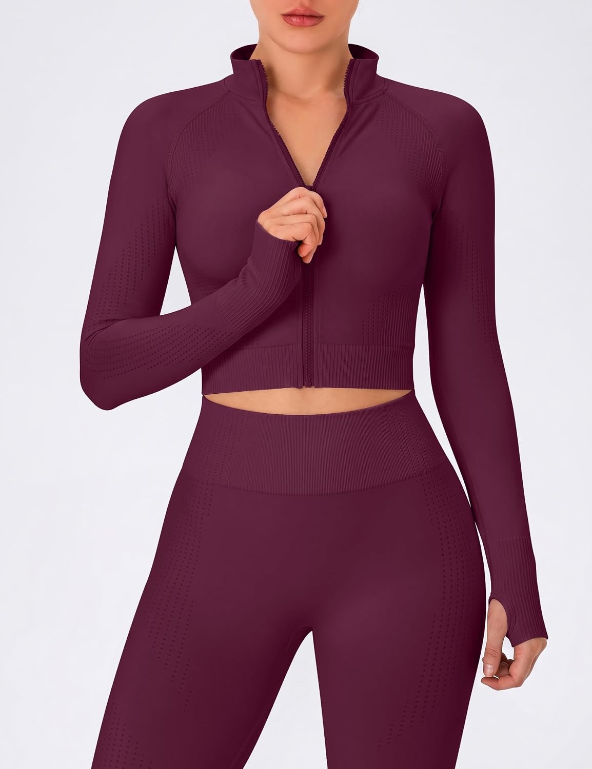 image:imageOLCHEE Womens Workout Sets 2 Piece Seamless Yoga Outfits Long Sleeve Zipper Jacket High Waist Leggings Butt Lifting Gym SetPlum