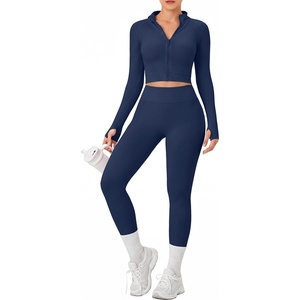 OLCHEE Womens Workout Sets 2 Piece Seamless Yoga Outfits Long Sleeve Zipper Jacket High Waist Leggings Butt Lifting Gym Set(Navy)