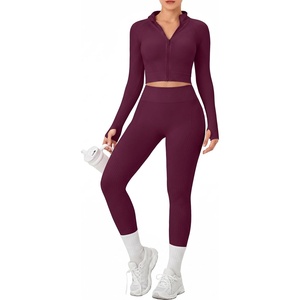 OLCHEE Womens Workout Sets 2 Piece Seamless Yoga Outfits Long Sleeve Zipper Jacket High Waist Leggings Butt Lifting Gym Set(Plum)