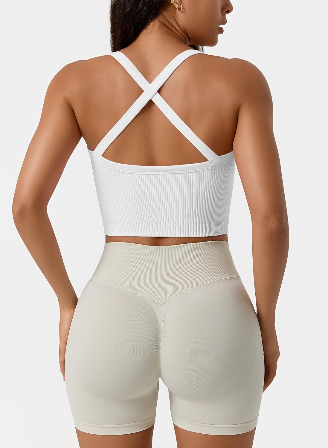image:imageOLCHEE Womens 3 Pack Crop Tank Top Seamless Ribbed V Neck Backless Wide Cross Straps Workout Yoga Summer Y2K Going Out TopsBlack White Brown