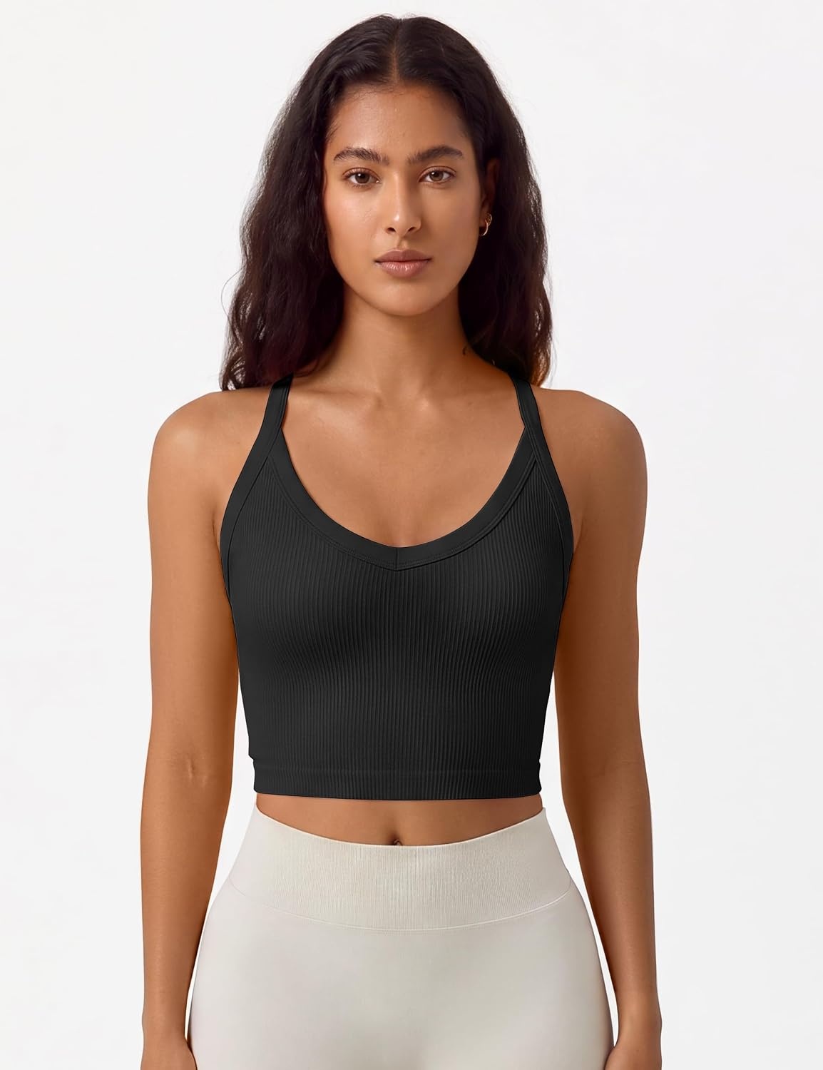 image:imageOLCHEE Womens 3 Pack Crop Tank Top Seamless Ribbed V Neck Backless Wide Cross Straps Workout Yoga Summer Y2K Going Out TopsBlack White Brown