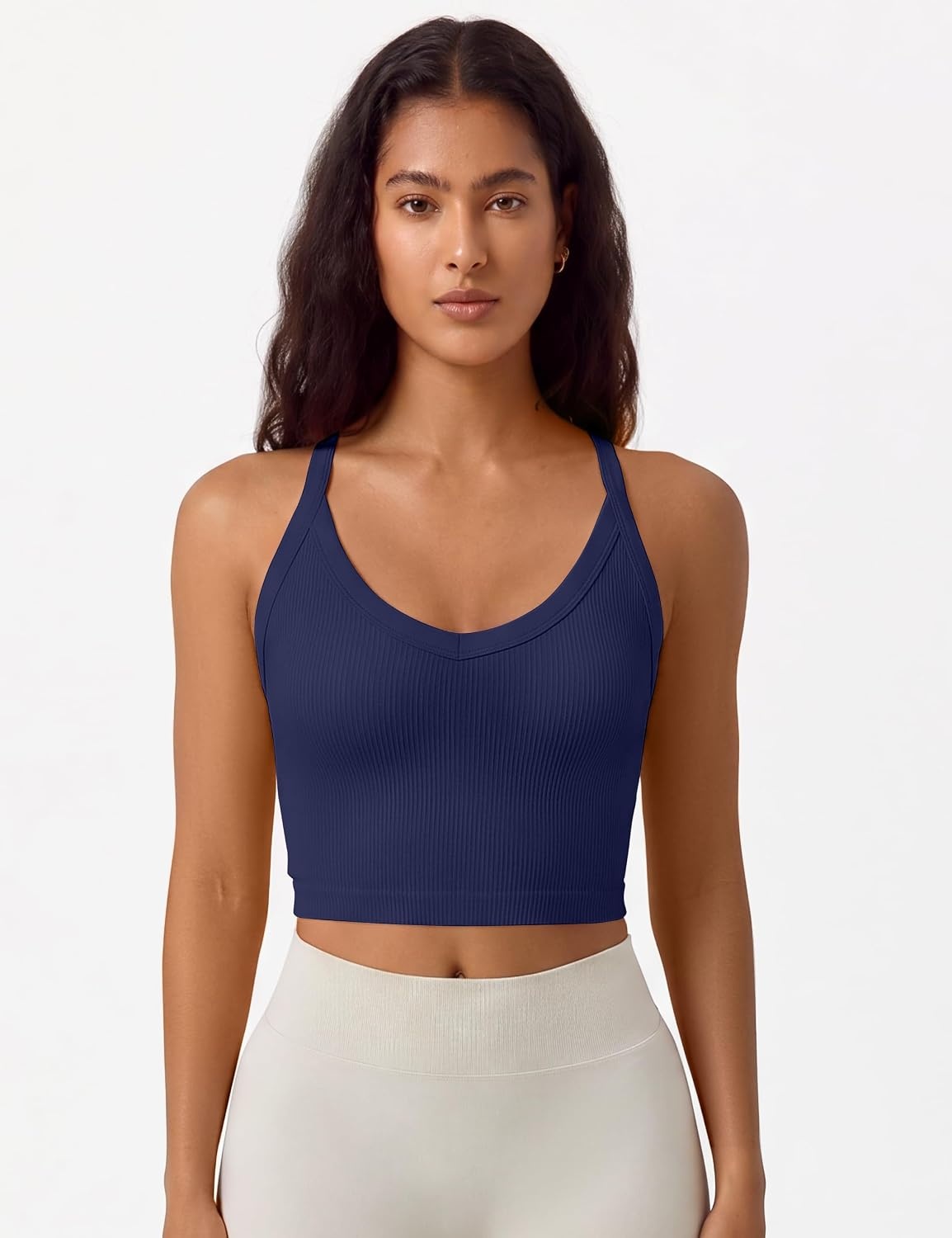 image:imageOLCHEE Womens 3 Pack Crop Tank Top Seamless Ribbed V Neck Backless Wide Cross Straps Workout Yoga Summer Y2K Going Out TopsBlack White Navy Blue