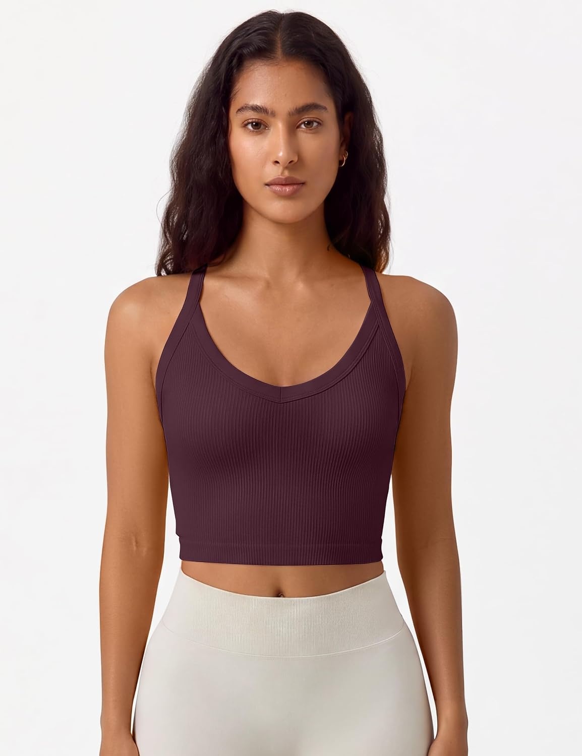 image:imageOLCHEE Womens 3 Pack Crop Tank Top Seamless Ribbed V Neck Backless Wide Cross Straps Workout Yoga Summer Y2K Going Out TopsBlack White Plum