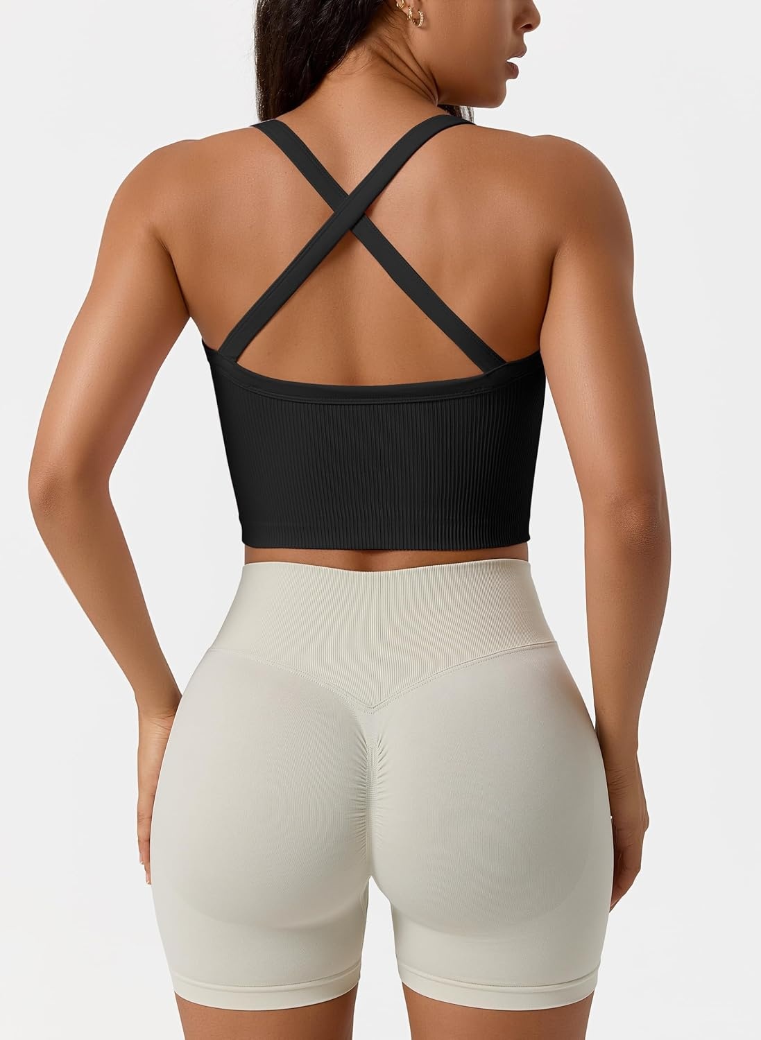 image:imageOLCHEE Womens 3 Pack Crop Tank Top Seamless Ribbed V Neck Backless Wide Cross Straps Workout Yoga Summer Y2K Going Out TopsBlack White Plum
