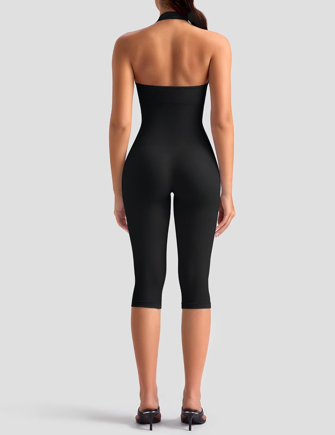 image:imageOLCHEE Womens Capri Jumpsuits Workout Halter Neck Tummy Control Yoga One Piece Outfits Unitard Seamless Sculpt Rompers PaddedBlack