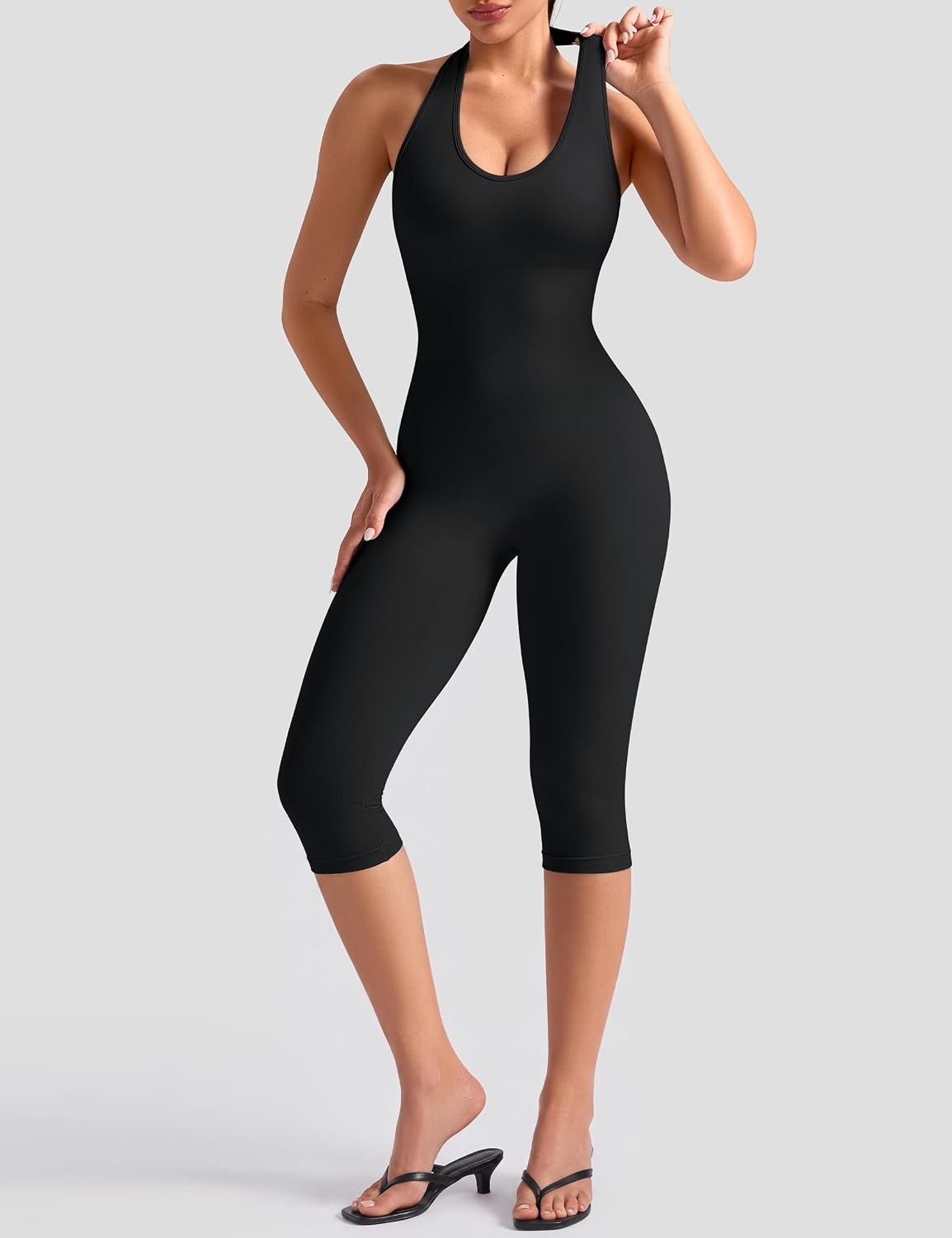 image:imageOLCHEE Womens Capri Jumpsuits Workout Halter Neck Tummy Control Yoga One Piece Outfits Unitard Seamless Sculpt Rompers PaddedBlack