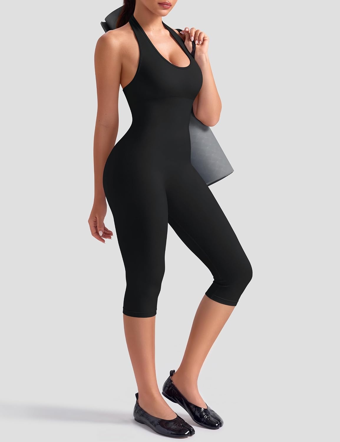 image:imageOLCHEE Womens Capri Jumpsuits Workout Halter Neck Tummy Control Yoga One Piece Outfits Unitard Seamless Sculpt Rompers PaddedBlack