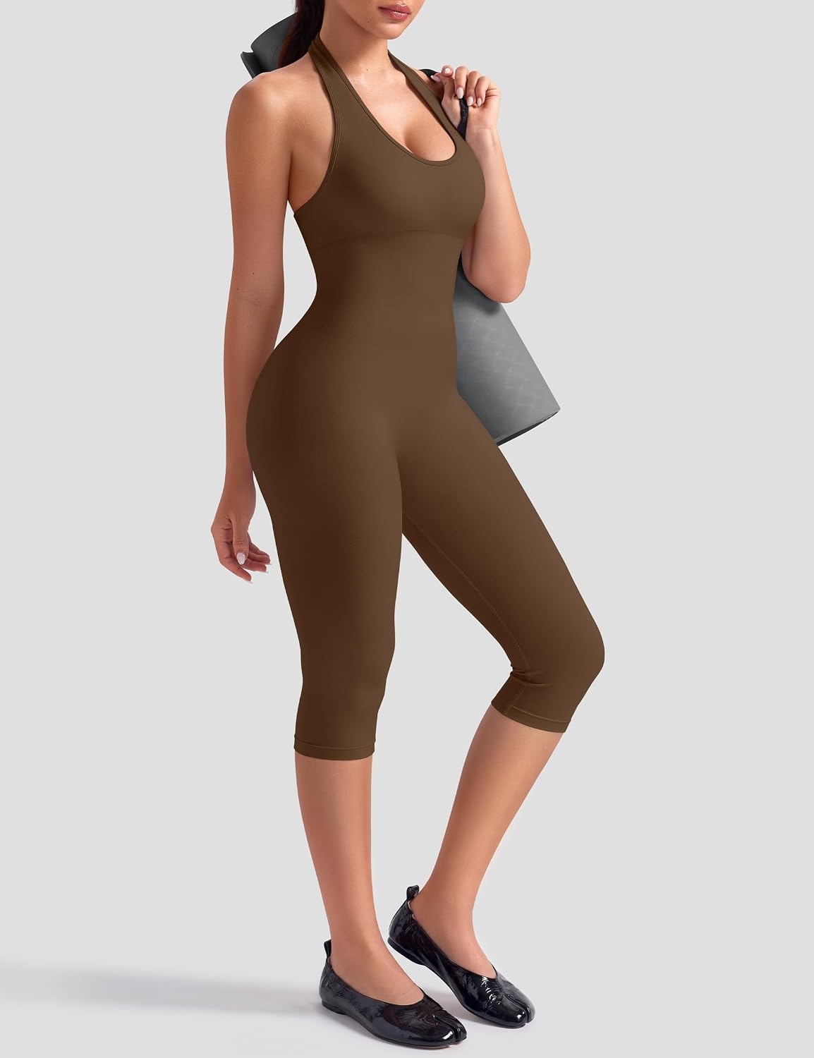 image:imageOLCHEE Womens Capri Jumpsuits Workout Halter Neck Tummy Control Yoga One Piece Outfits Unitard Seamless Sculpt Rompers PaddedBrown