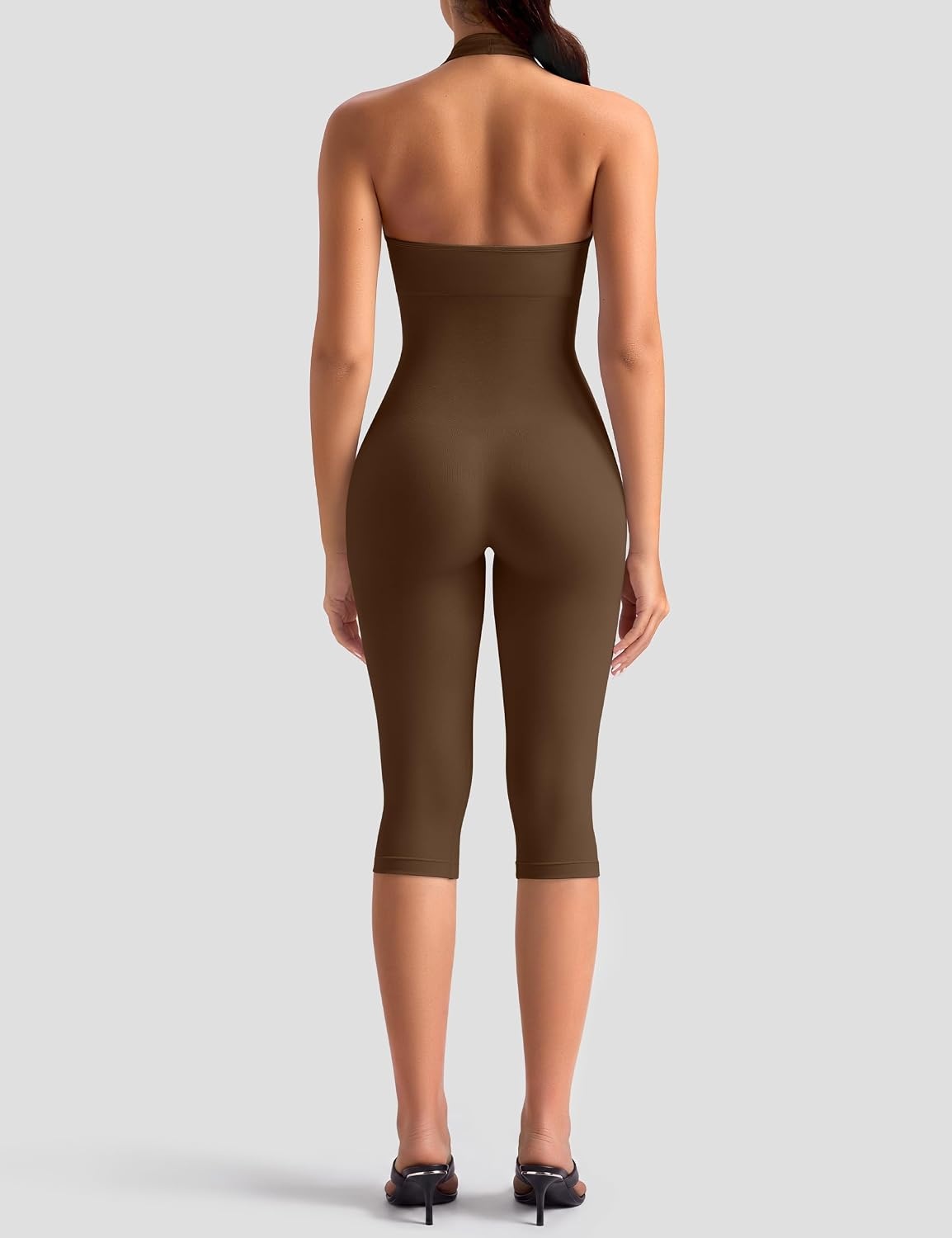 image:imageOLCHEE Womens Capri Jumpsuits Workout Halter Neck Tummy Control Yoga One Piece Outfits Unitard Seamless Sculpt Rompers PaddedBrown