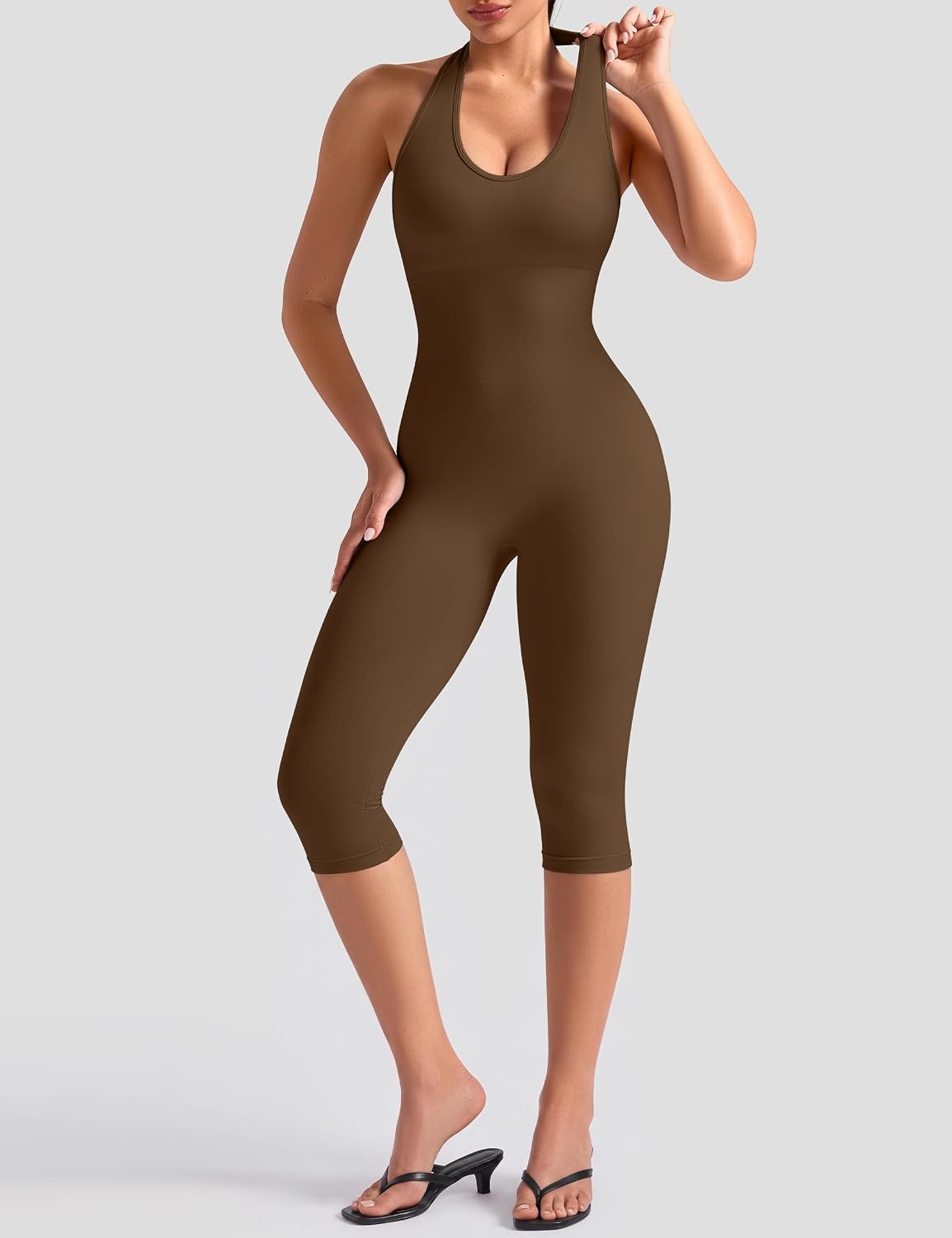 image:imageOLCHEE Womens Capri Jumpsuits Workout Halter Neck Tummy Control Yoga One Piece Outfits Unitard Seamless Sculpt Rompers PaddedBrown