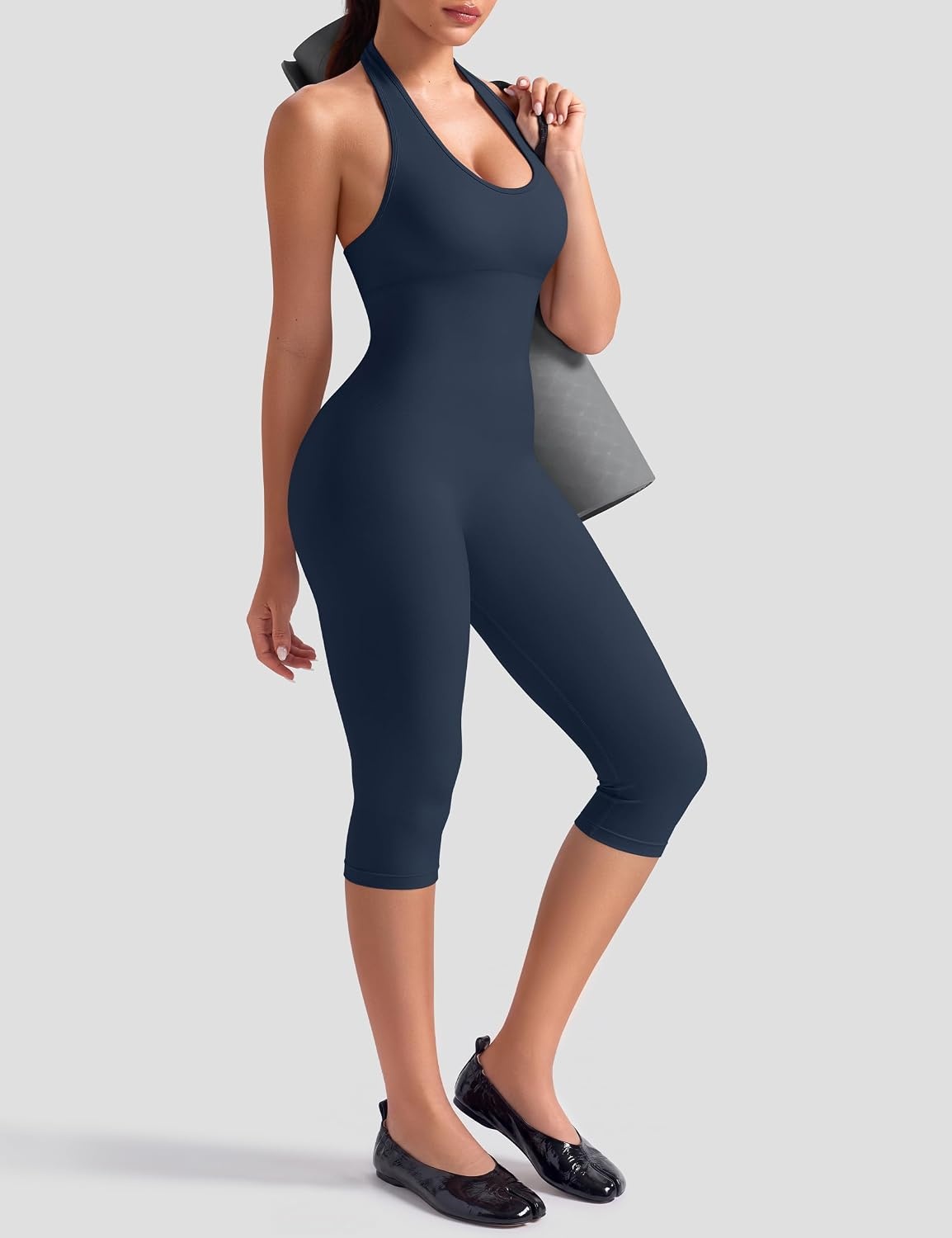 image:imageOLCHEE Womens Capri Jumpsuits Workout Halter Neck Tummy Control Yoga One Piece Outfits Unitard Seamless Sculpt Rompers PaddedNavy Blue