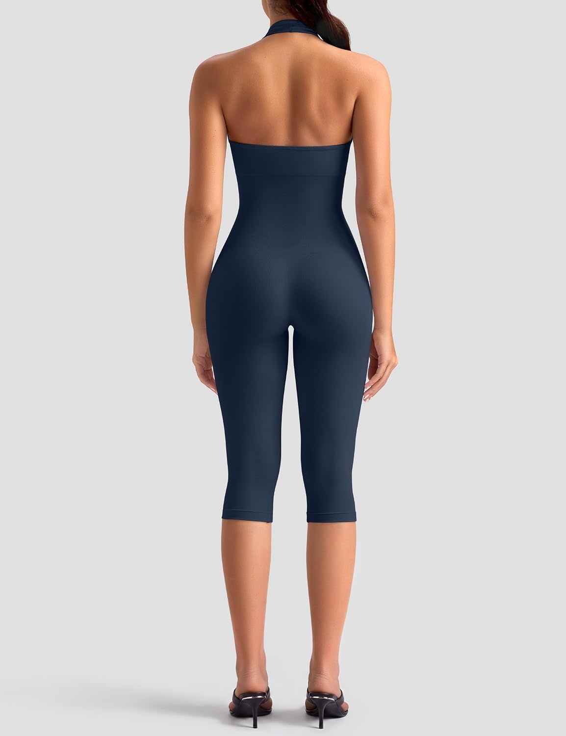 image:imageOLCHEE Womens Capri Jumpsuits Workout Halter Neck Tummy Control Yoga One Piece Outfits Unitard Seamless Sculpt Rompers PaddedNavy Blue