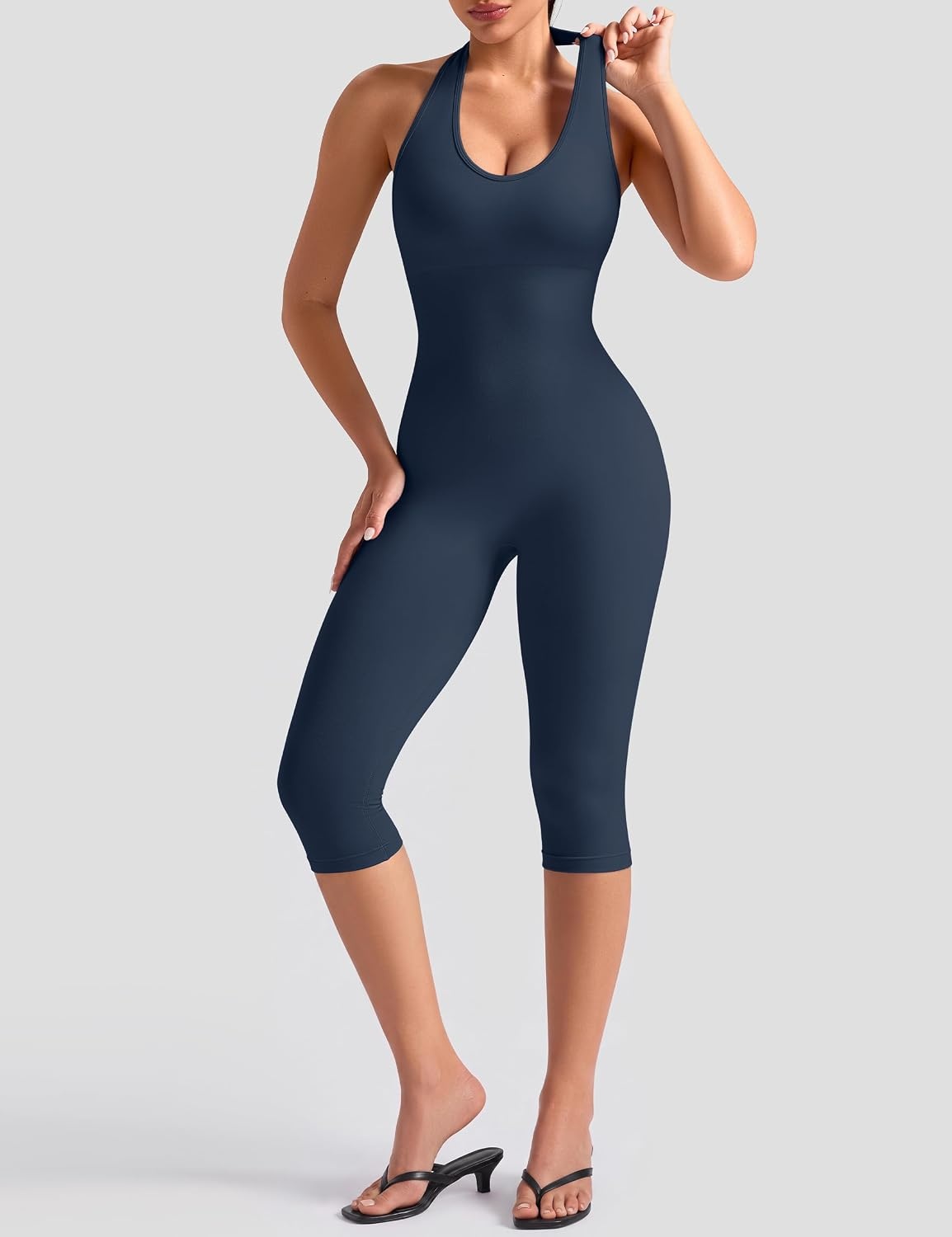image:imageOLCHEE Womens Capri Jumpsuits Workout Halter Neck Tummy Control Yoga One Piece Outfits Unitard Seamless Sculpt Rompers PaddedNavy Blue