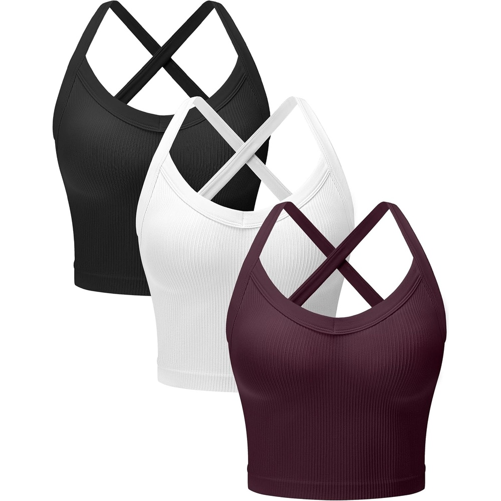 image:imageOLCHEE Womens 3 Pack Crop Tank Top Seamless Ribbed V Neck Backless Wide Cross Straps Workout Yoga Summer Y2K Going Out TopsBlack White Plum