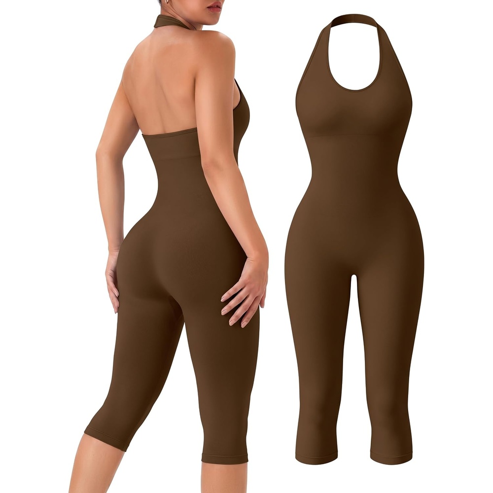 image:imageOLCHEE Womens Capri Jumpsuits Workout Halter Neck Tummy Control Yoga One Piece Outfits Unitard Seamless Sculpt Rompers PaddedBrown