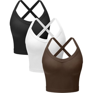 OLCHEE Womens 3 Pack Crop Tank Top Seamless Ribbed V Neck Backless Wide Cross Straps Workout Yoga Summer Y2K Going Out Tops(Black + Beige + Brown)