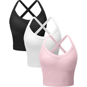 OLCHEE Womens 3 Pack Crop Tank Top Seamless Ribbed V Neck Backless Wide Cross Straps Workout Yoga Summer Y2K Going Out Tops(Black + Beige + Light Pink)