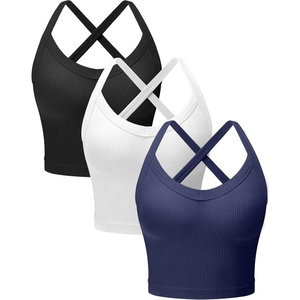 OLCHEE Womens 3 Pack Crop Tank Top Seamless Ribbed V Neck Backless Wide Cross Straps Workout Yoga Summer Y2K Going Out Tops(Black + White + Navy Blue)