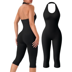 OLCHEE Womens Capri Jumpsuits Workout Halter Neck Tummy Control Yoga One Piece Outfits Unitard Seamless Sculpt Rompers Padded(Black)