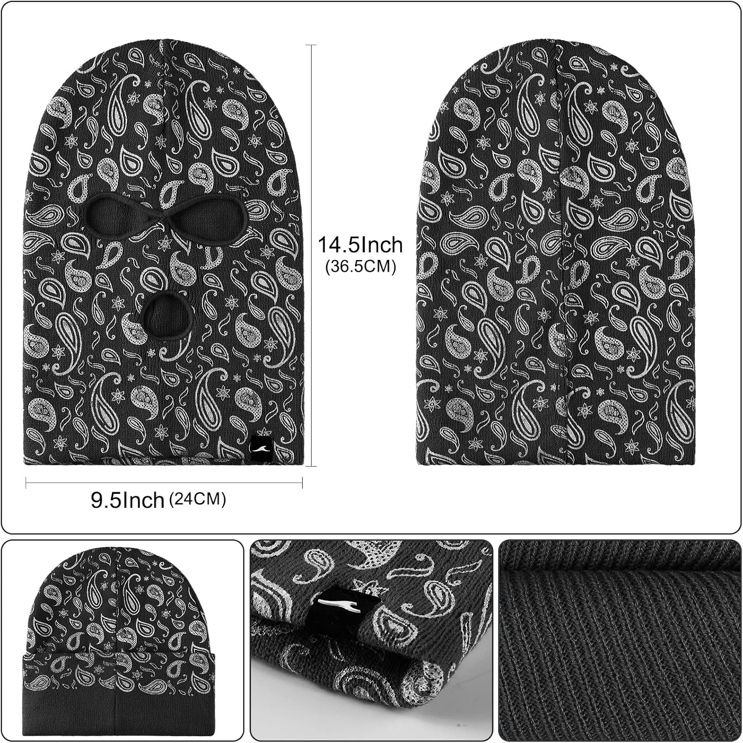 image:imageAchiou 3 Hole Balaclava Ski Mask for Men Women 3Hole Paisley Full Face Cover Winter Warm Knitted Face Mask Outdoor Sports