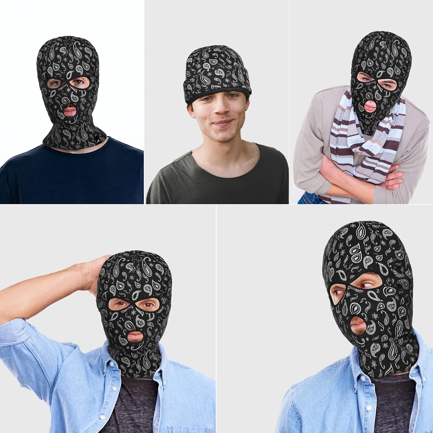 image:imageAchiou 3 Hole Balaclava Ski Mask for Men Women 3Hole Paisley Full Face Cover Winter Warm Knitted Face Mask Outdoor Sports