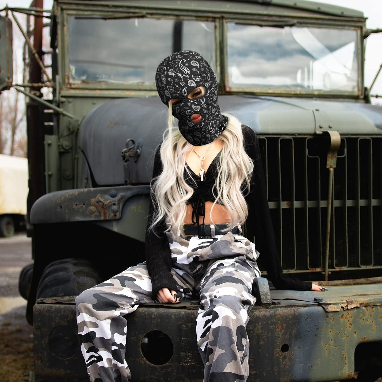 image:imageAchiou 3 Hole Balaclava Ski Mask for Men Women 3Hole Paisley Full Face Cover Winter Warm Knitted Face Mask Outdoor Sports