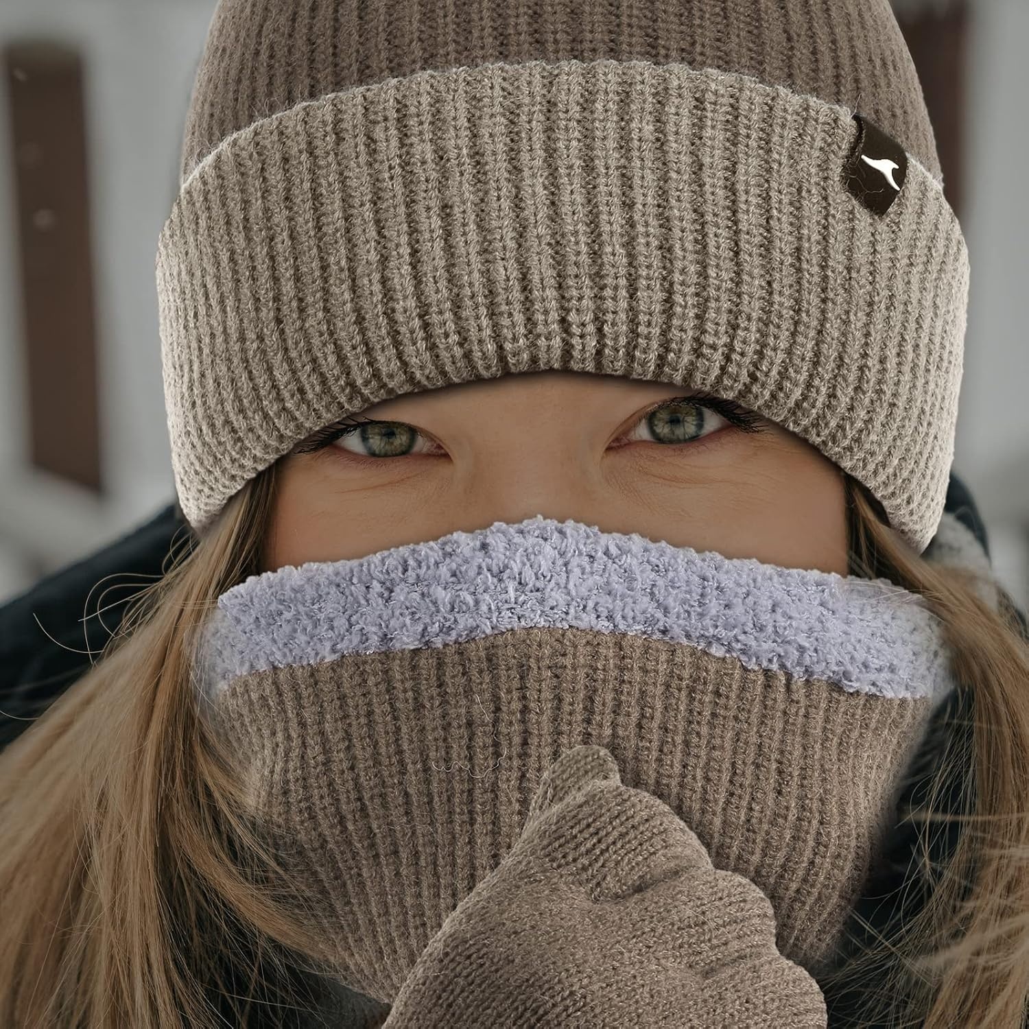 image:imageAchiou 3 Pcs Winter Beanie Hat Scarf Gloves Set Warm Knit Hat Skull Cap for Women Men Touch Screen Gloves Soft Neck Warmer