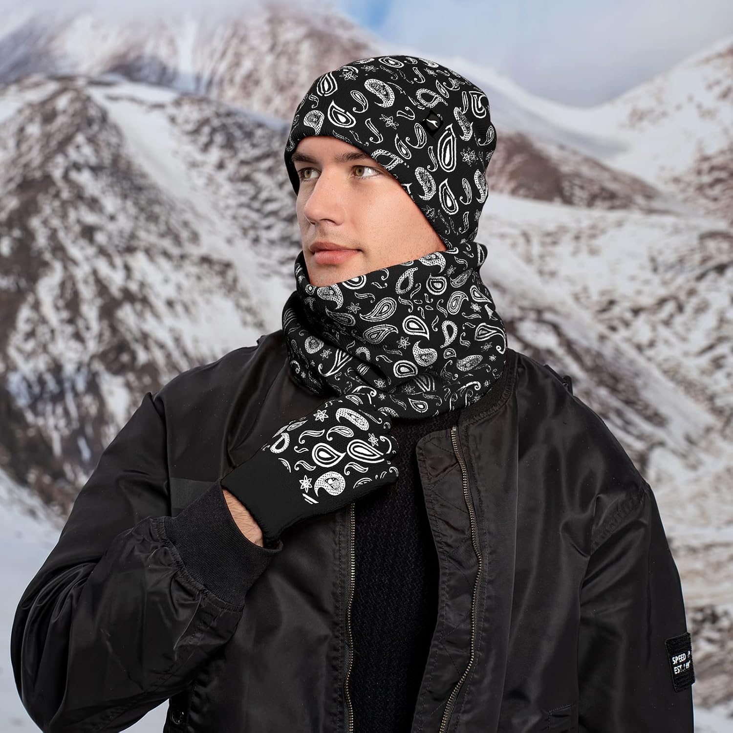 image:imageAchiou 3 Pcs Winter Hat Scarf Touchscreen Gloves Set Warm Paisley Knit Hat Slouchy Beanie for Men Women Neck Warmer Gaiter