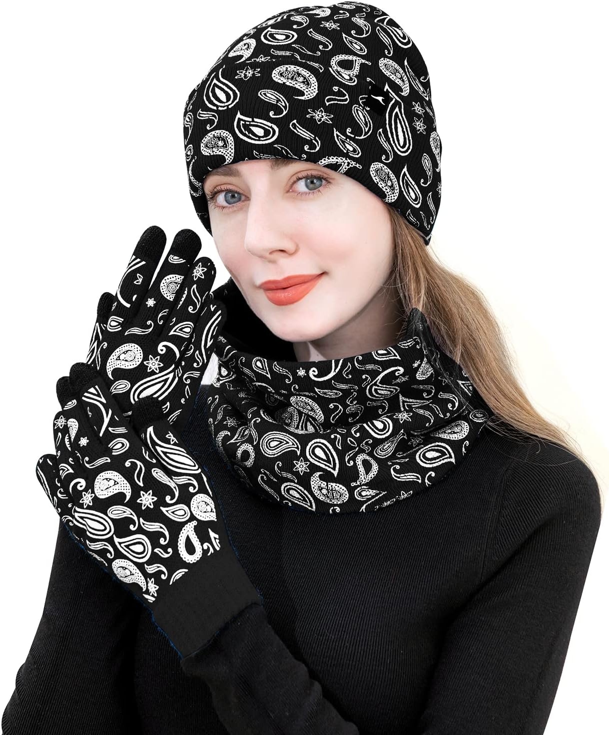 image:imageAchiou 3 Pcs Winter Hat Scarf Touchscreen Gloves Set Warm Paisley Knit Hat Slouchy Beanie for Men Women Neck Warmer Gaiter