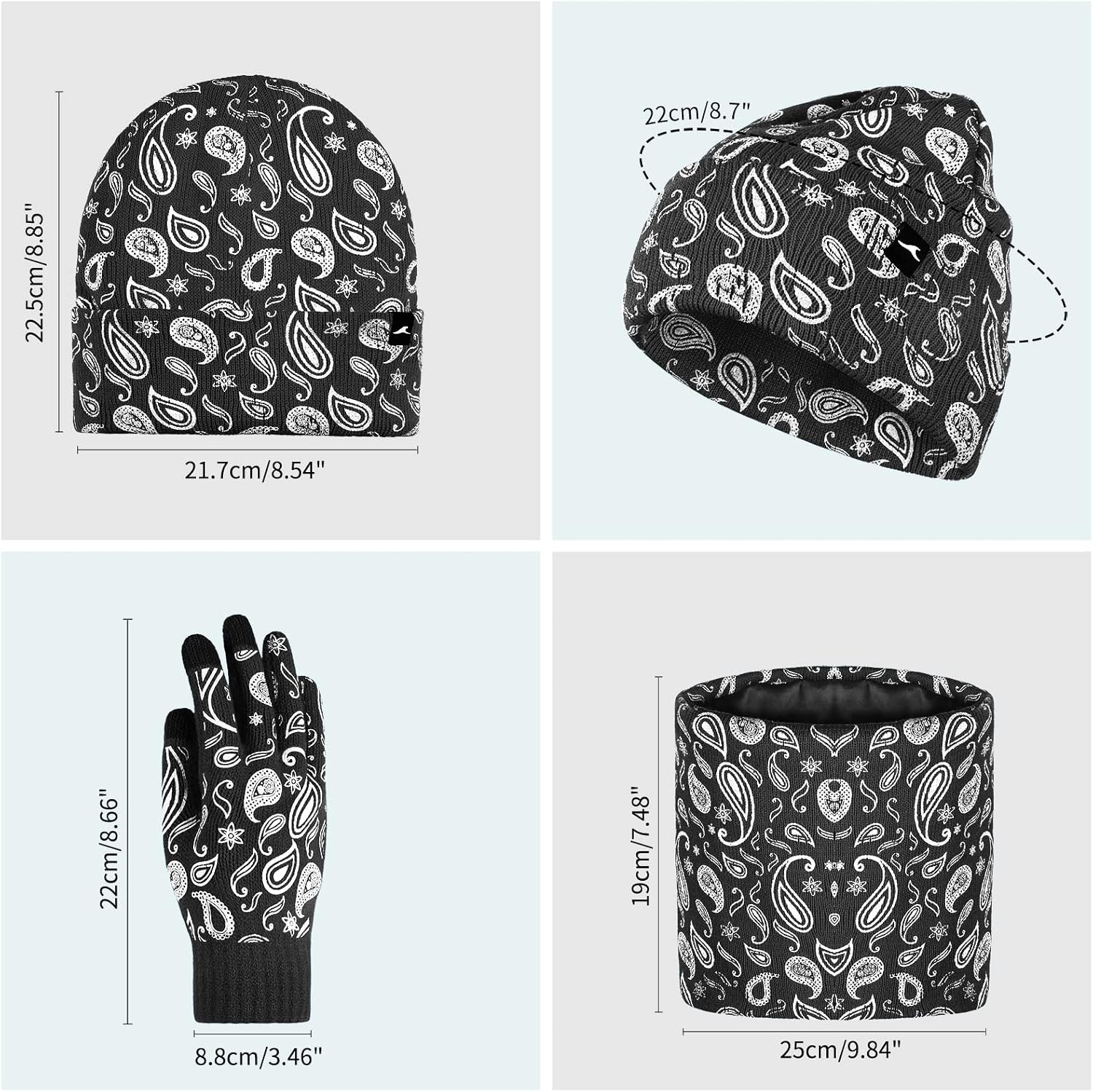 image:imageAchiou 3 Pcs Winter Hat Scarf Touchscreen Gloves Set Warm Paisley Knit Hat Slouchy Beanie for Men Women Neck Warmer Gaiter