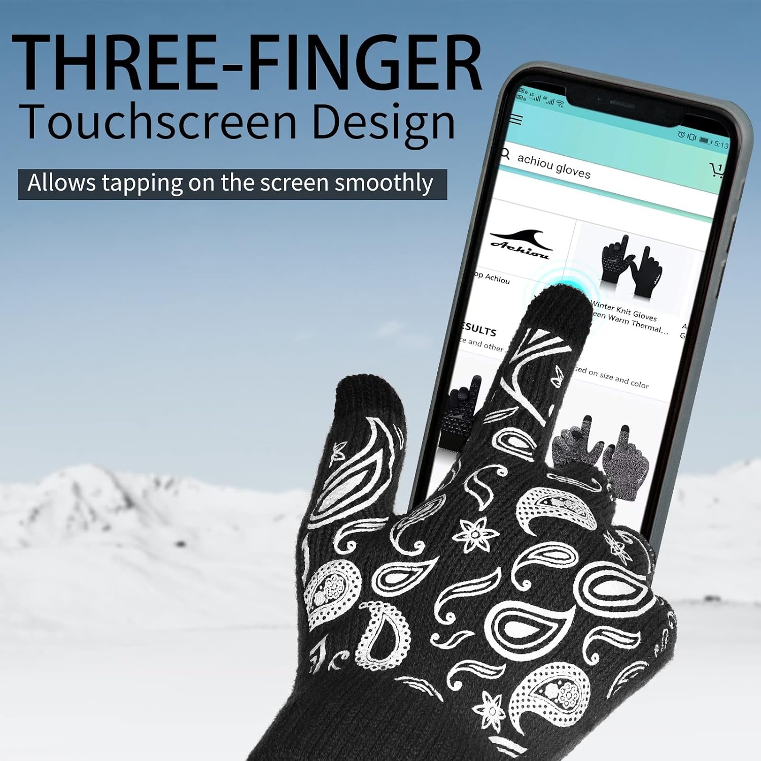 image:imageAchiou 3 Pcs Winter Hat Scarf Touchscreen Gloves Set Warm Paisley Knit Hat Slouchy Beanie for Men Women Neck Warmer Gaiter