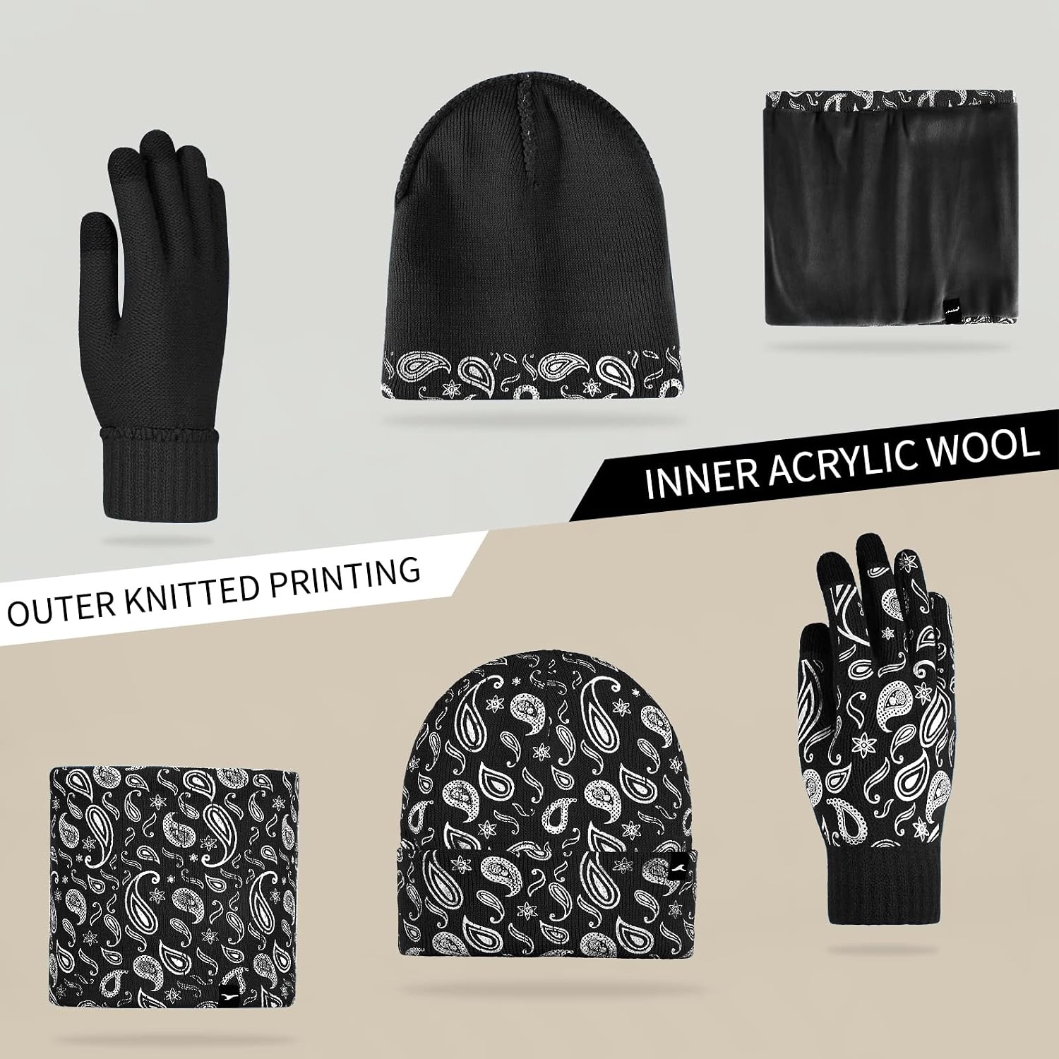 image:imageAchiou 3 Pcs Winter Hat Scarf Touchscreen Gloves Set Warm Paisley Knit Hat Slouchy Beanie for Men Women Neck Warmer Gaiter